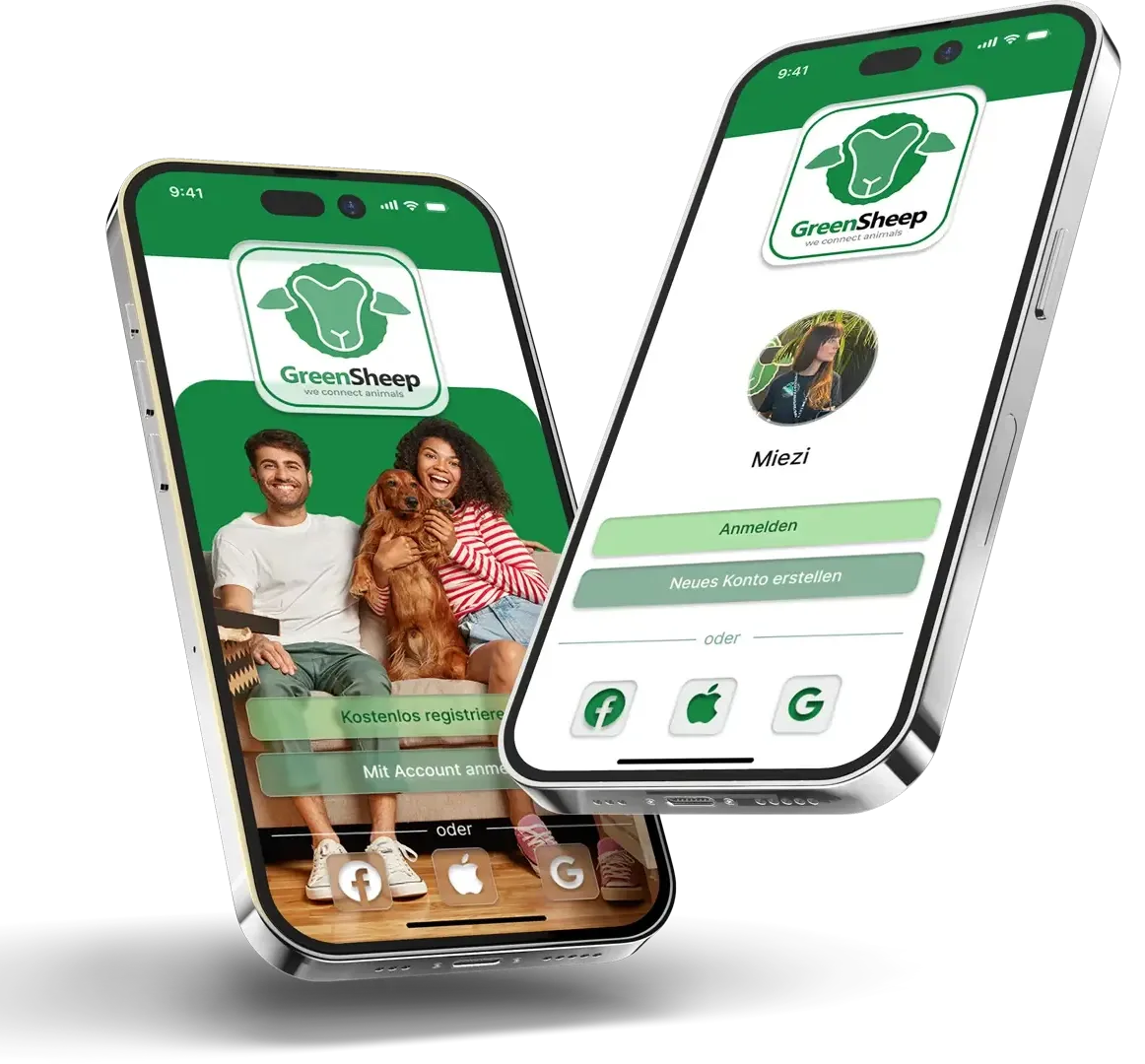 Die GreenSheep-App auf zwei Handys: Startbildschirm mit Kostenlos registrieren und die Anmeldung